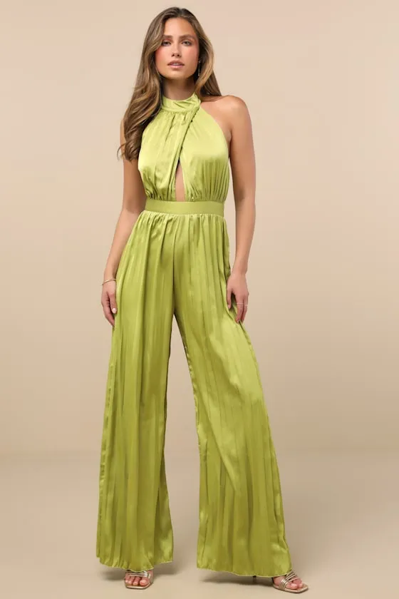 Confident Impression Lime Green Satin Pleated Halter Jumpsuit sold by Lulus