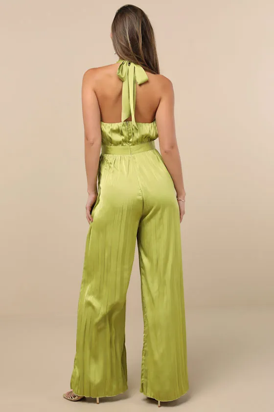 Confident Impression Lime Green Satin Pleated Halter Jumpsuit sold by Lulus product image thumbnail 3