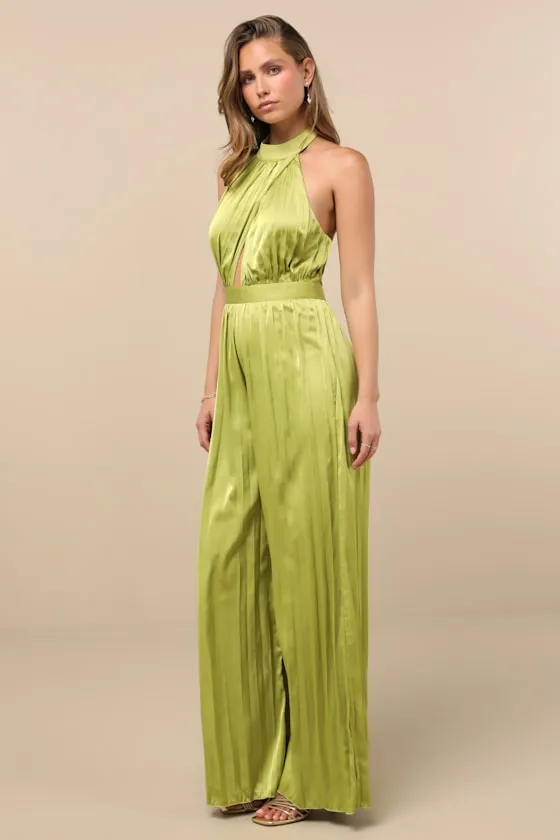 Confident Impression Lime Green Satin Pleated Halter Jumpsuit sold by Lulus product image thumbnail 4