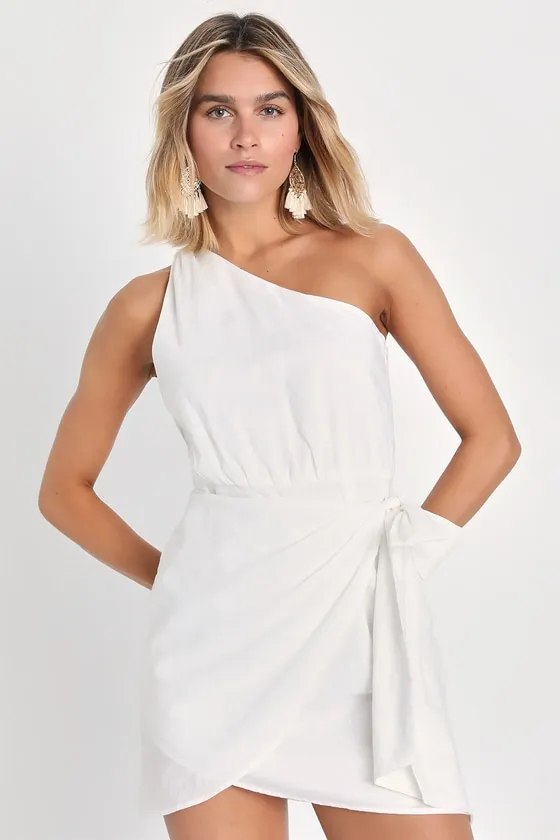 Forever Summer White One-Shoulder Faux Wrap Mini Dress sold by Lulus