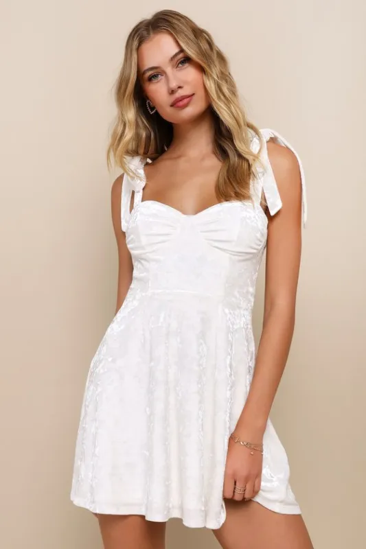 Eternally Charming White Crushed Velvet Tie-Strap Mini Dress sold by Lulus