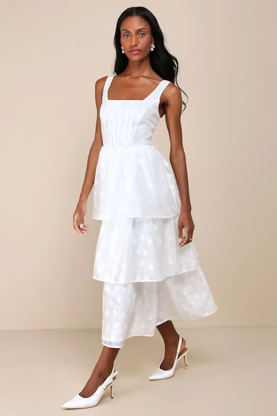 Sweet Potential White Floral Burnout Tiered Midi Dress sold by Lulus product image thumbnail 4