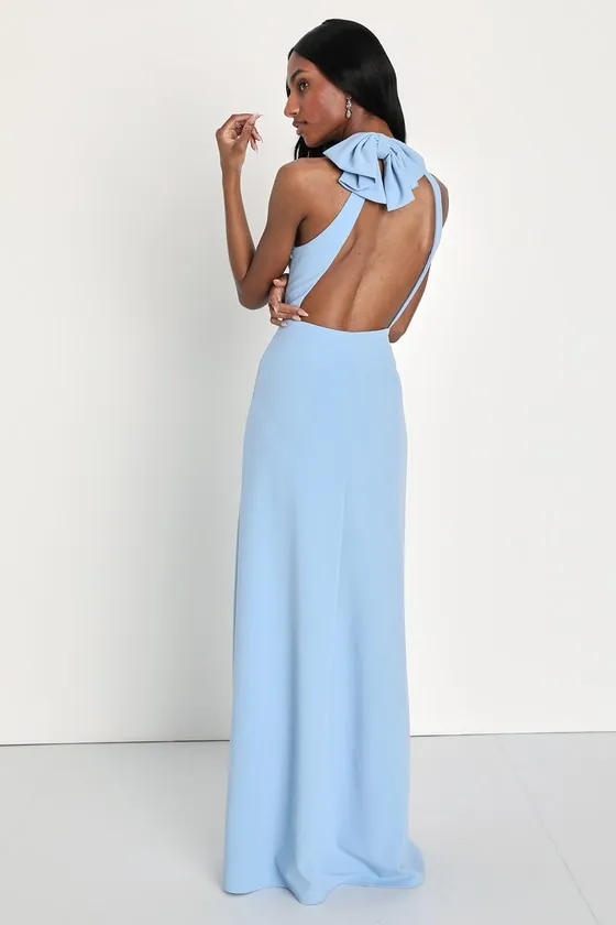 Striking Elegance Light Blue Bow Backless Halter Maxi Dress sold by Lulus