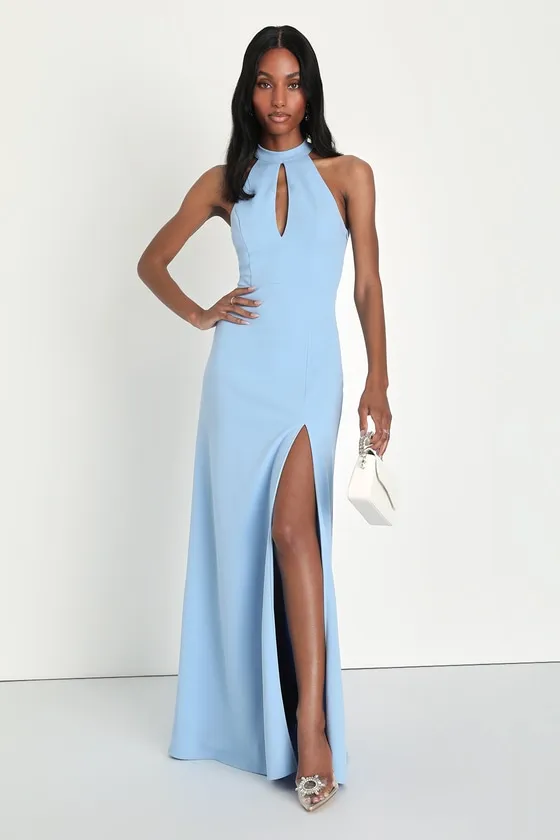 Striking Elegance Light Blue Bow Backless Halter Maxi Dress sold by Lulus product image thumbnail 2