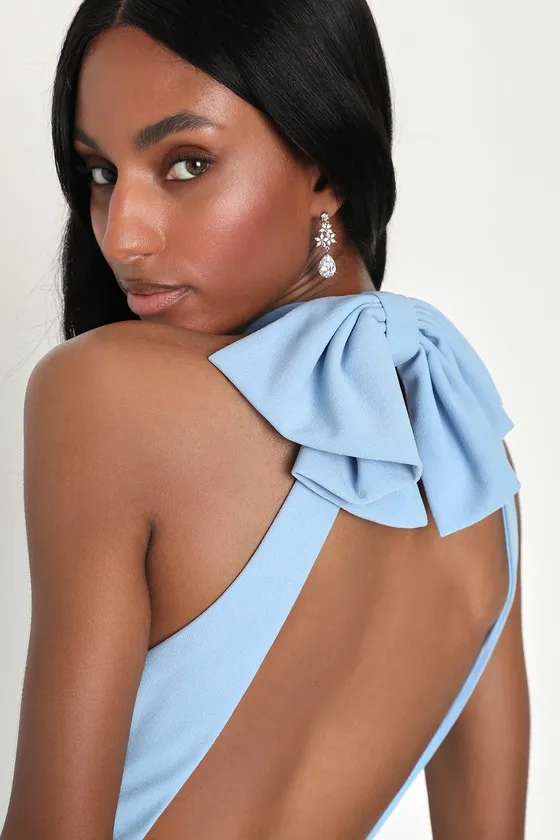 Striking Elegance Light Blue Bow Backless Halter Maxi Dress sold by Lulus product image thumbnail 3