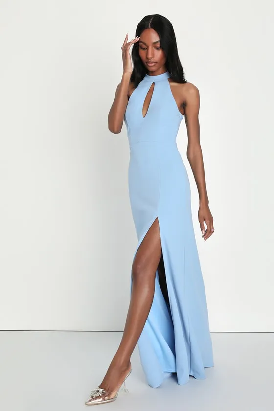 Striking Elegance Light Blue Bow Backless Halter Maxi Dress sold by Lulus product image thumbnail 4