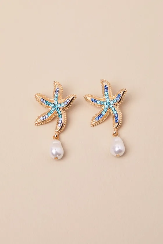 Asterina Blue and Gold Rhinestone Starfish Earrings sold by Lulus product image thumbnail 2