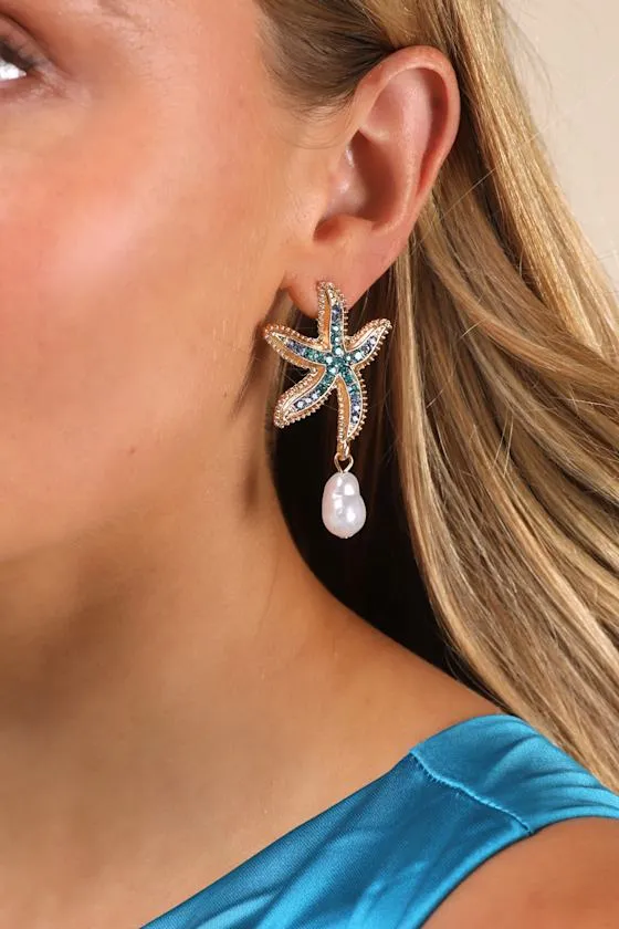 Asterina Blue and Gold Rhinestone Starfish Earrings sold by Lulus product image thumbnail 3