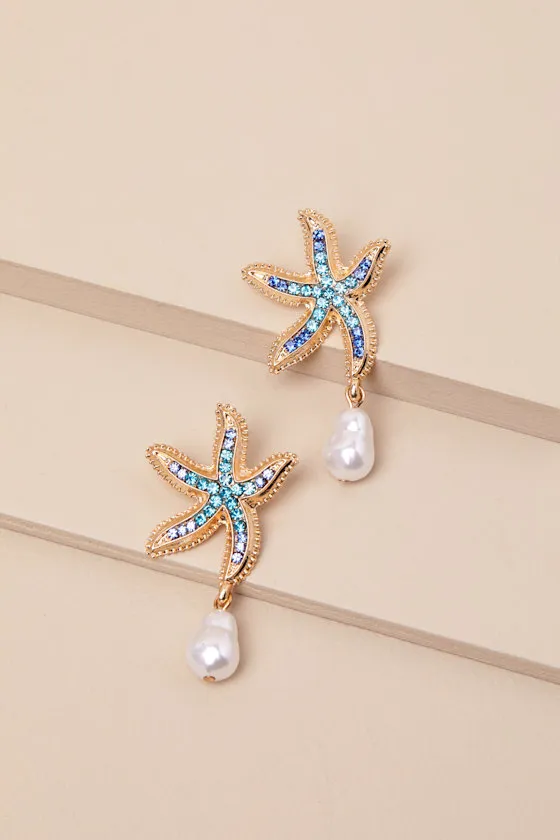Asterina Blue and Gold Rhinestone Starfish Earrings sold by Lulus product image thumbnail 4