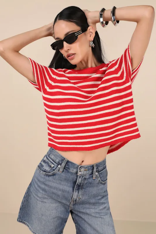 Keaten Red Striped Short Sleeve Sweater Top sold by Lulus