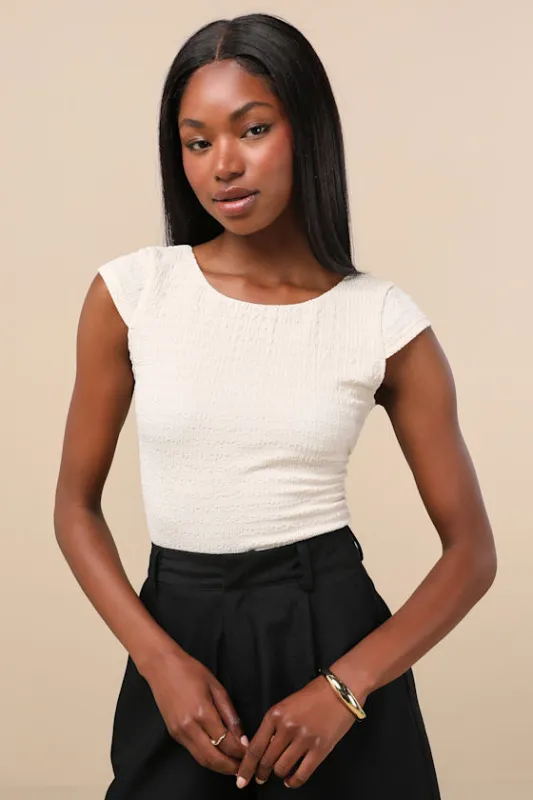 Bellia Ivory Textured Knit Cap Sleeve Backless Top sold by Lulus
