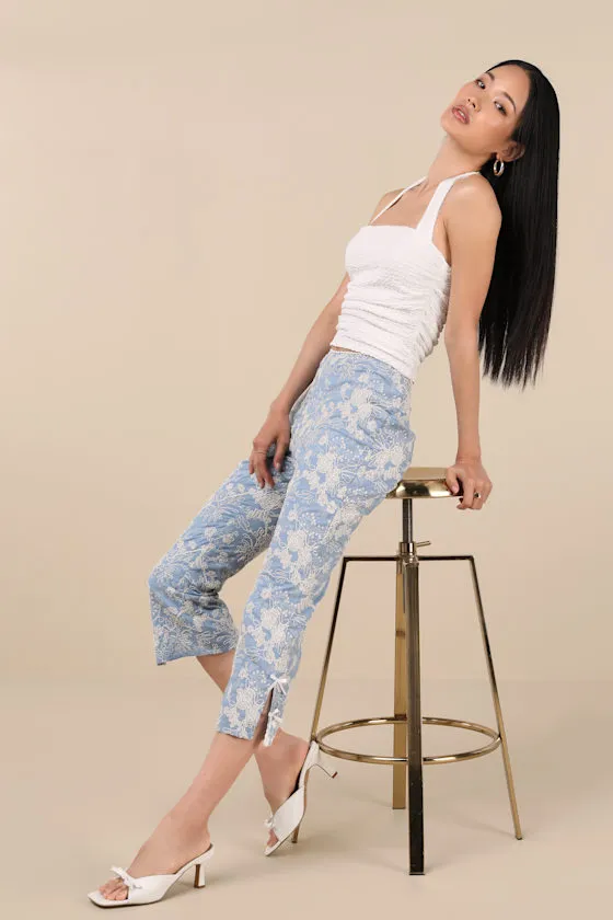 Tana Light Blue Embroidered Capri Pants sold by Lulus