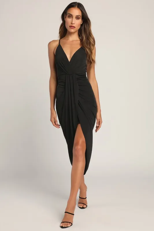Dreamy Date Black Surplice Midi Dress sold by Lulus