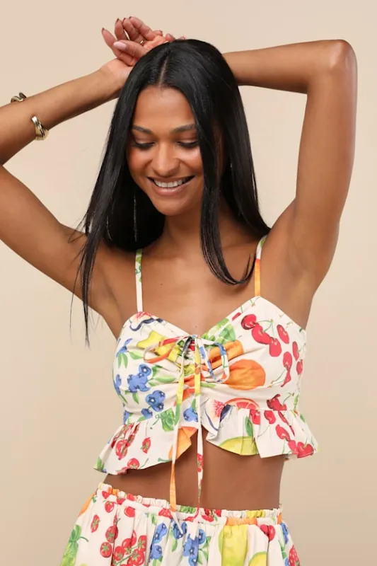 Mirabelle White Multi Fruit Print Crop Cami Top sold by Lulus