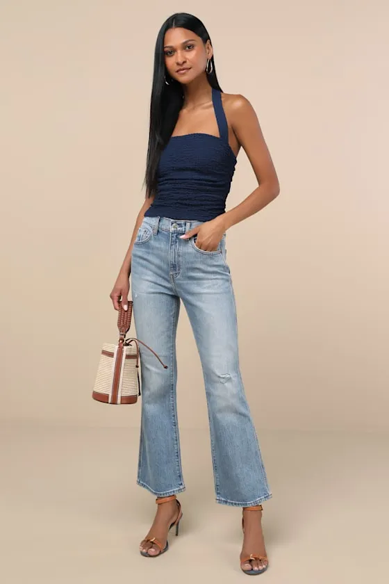 Soho Medium Wash Faded Distressed High-Rise Flare Jeans sold by Lulus