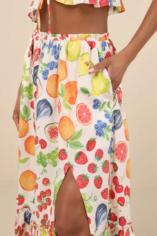 Mirabelle White Multi Fruit Print Tiered Midi Skirt made by Lulus