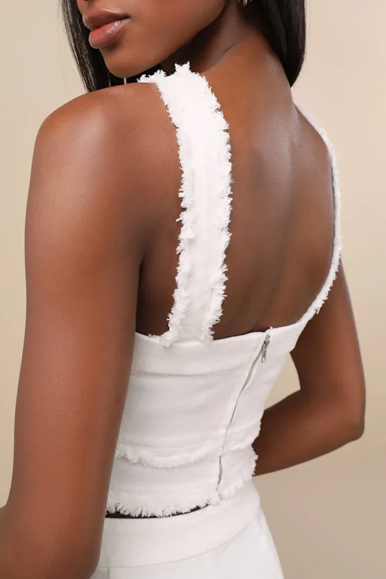 Mckayla White Twill Frayed Crop Tank Top sold by Lulus product image thumbnail 4