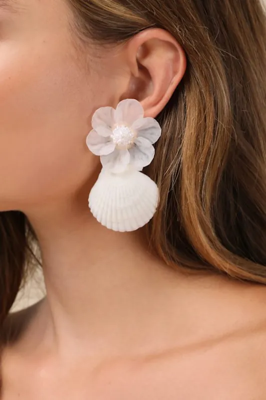 Nalin White Flower Seashell Statement Earrings sold by Lulus