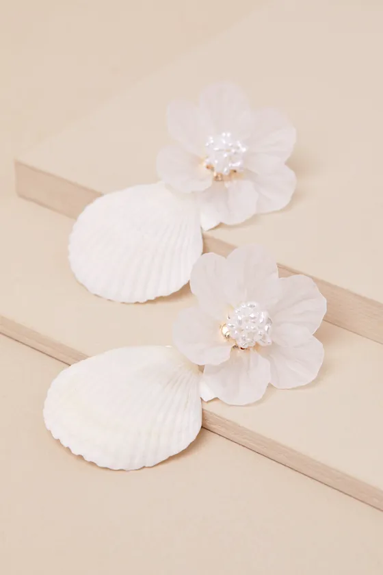 Nalin White Flower Seashell Statement Earrings sold by Lulus product image thumbnail 2