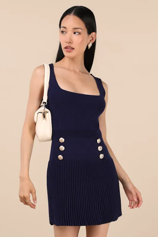 Audie Navy Ribbed Knit Sleeveless Sweater Mini Dress sold by Lulus
