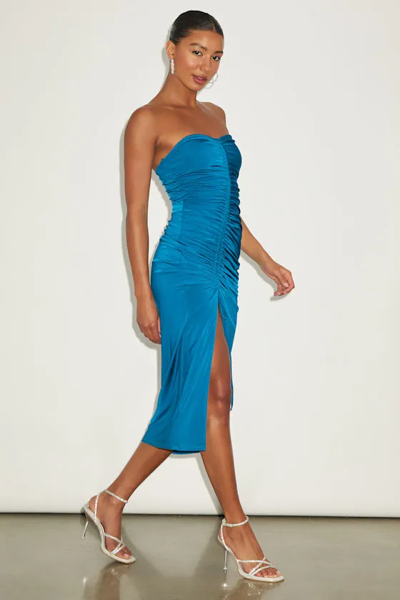 Eliska Teal Blue Slinky Drawstring Ruched Strapless Midi Dress sold by Lulus product image thumbnail 3