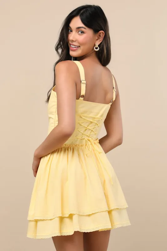 Aspyn Yellow Tiered Asymmetrical Mini Dress sold by Lulus