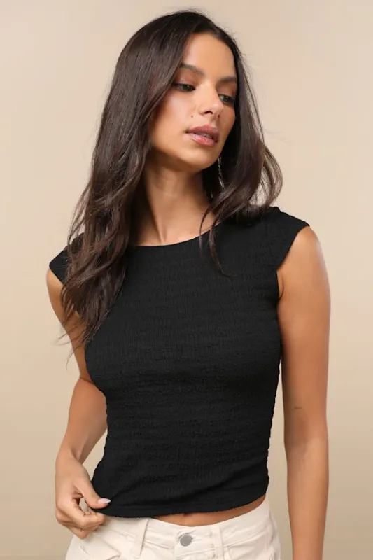 Bellia Black Textured Knit Cap Sleeve Backless Top sold by Lulus