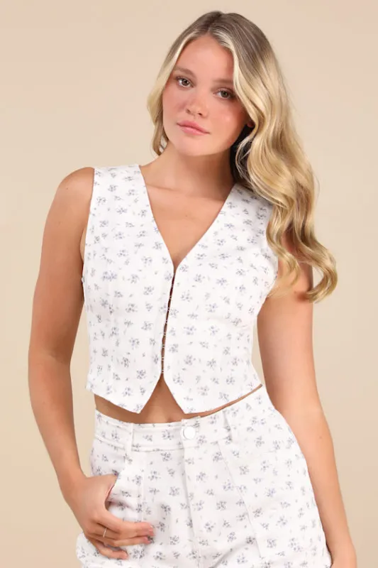 Hanan White Ditsy Floral Twill Hook-and-Eye Vest Top sold by Lulus