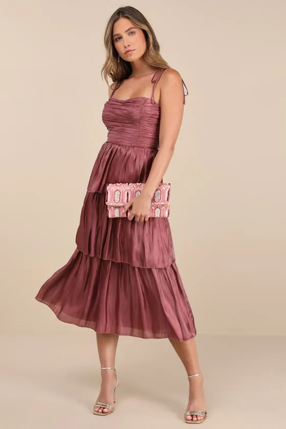 Tennon Dusty Rose Plisse Tiered Midi Dress sold by Lulus