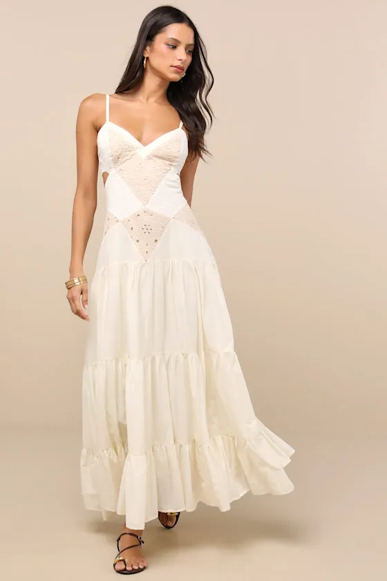 Maisha Ivory and Beige Embroidered Drop Waist Maxi Dress sold by Lulus