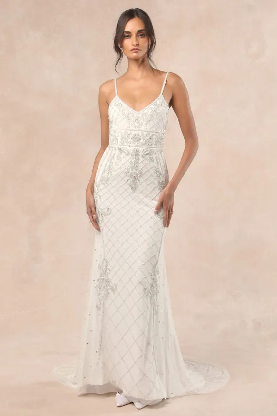 Ciella White and Silver Beaded Mermaid Maxi Dress sold by Lulus