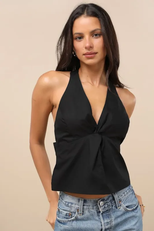 Basia Black Tie-Back Bow Halter Top made by Lulus