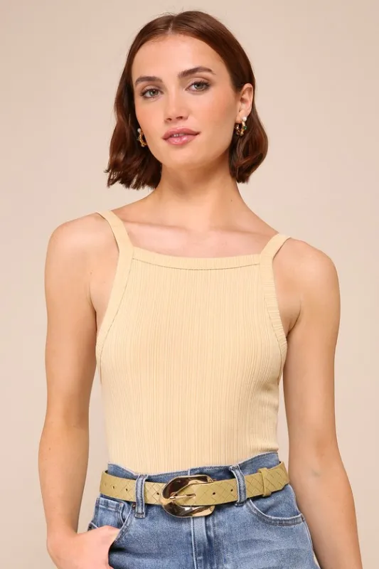 Casual Icon Beige Ribbed Apron Neck Sleeveless Bodysuit sold by Lulus