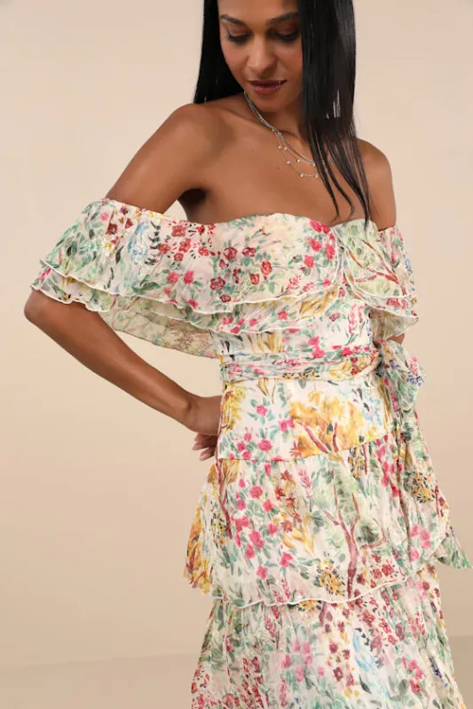 Lucella Cream Multi Floral Tiered Off-the-Shoulder Midi Dress sold by Lulus