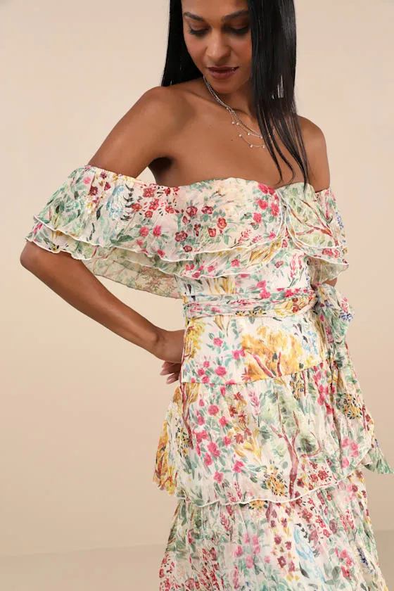 Lucella Cream Multi Floral Tiered Off-the-Shoulder Midi Dress sold by Lulus