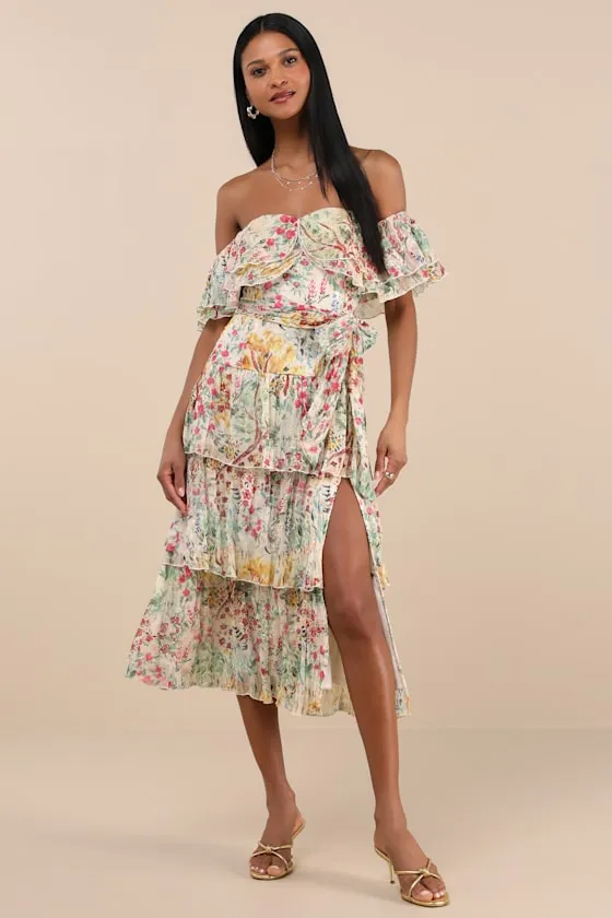 Lucella Cream Multi Floral Tiered Off-the-Shoulder Midi Dress sold by Lulus product image thumbnail 2