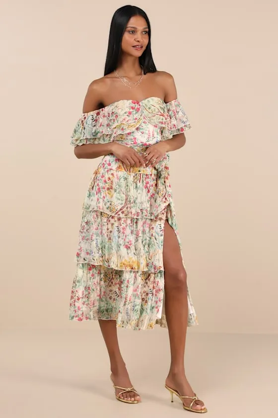 Lucella Cream Multi Floral Tiered Off-the-Shoulder Midi Dress sold by Lulus product image thumbnail 3