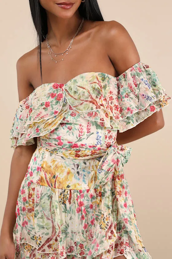 Lucella Cream Multi Floral Tiered Off-the-Shoulder Midi Dress sold by Lulus product image thumbnail 4