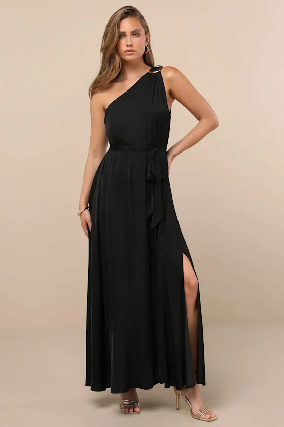 Goddess Aura Black Satin One-Shoulder Maxi Dress sold by Lulus