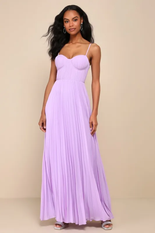 Admirable Elegance Lavender Pleated Bustier Maxi Dress sold by Lulus
