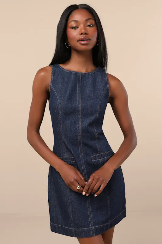 Cataleya Dark Wash Denim Boat Neck Mini Dress sold by Lulus