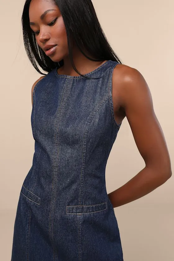 Cataleya Dark Wash Denim Boat Neck Mini Dress sold by Lulus product image thumbnail 4