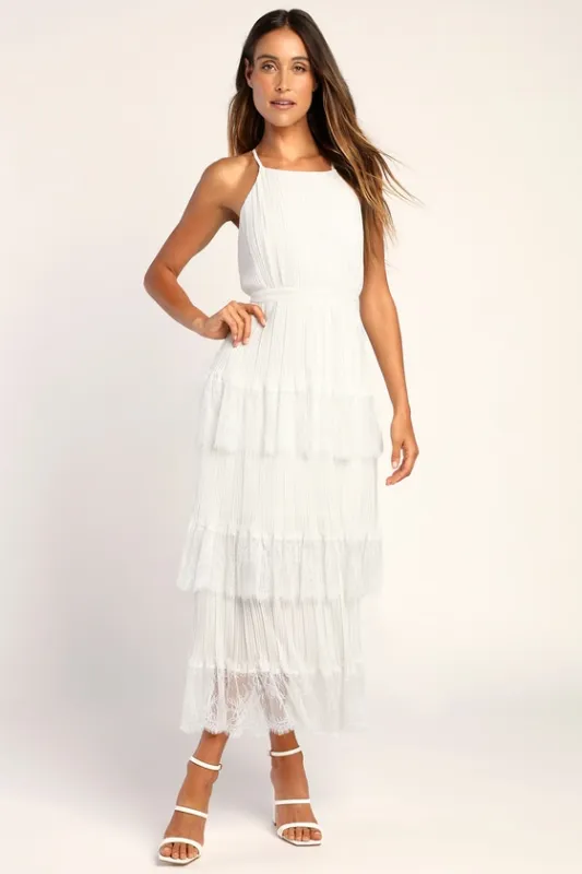 Came For Cocktails White Pleated Tiered Lace Maxi Dress sold by Lulus