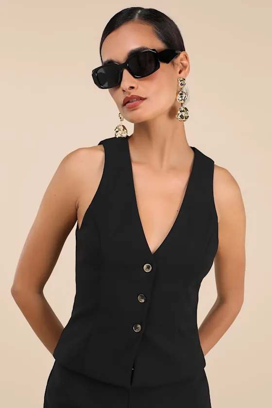 Gracinda Black Button-Front Vest Top sold by Lulus