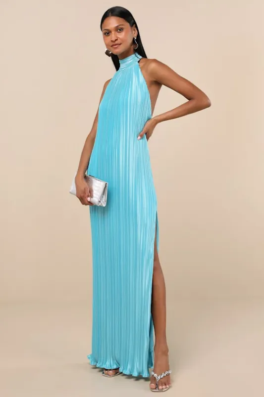 Gwenny Aqua Blue Satin Plisse Maxi Dress made by Lulus