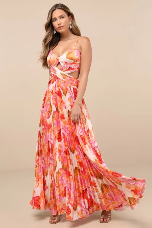 Lylee Pink Multi Floral Satin Pleated Maxi Dress made by Lulus
