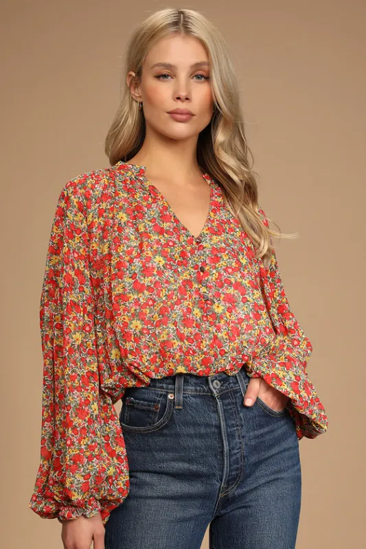 Season of Blooms Red Multi Floral Print Balloon Sleeve Top sold by Lulus