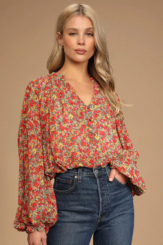 Season of Blooms Red Multi Floral Print Balloon Sleeve Top sold by Lulus