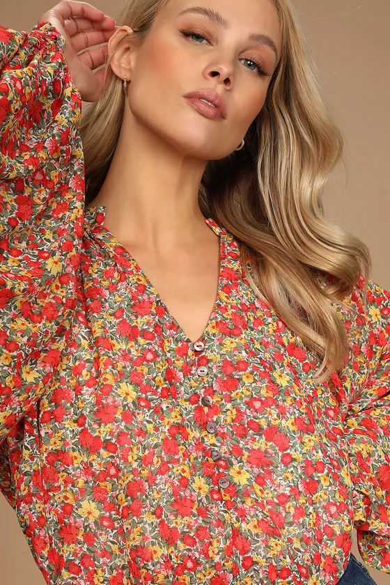 Season of Blooms Red Multi Floral Print Balloon Sleeve Top sold by Lulus product image thumbnail 2