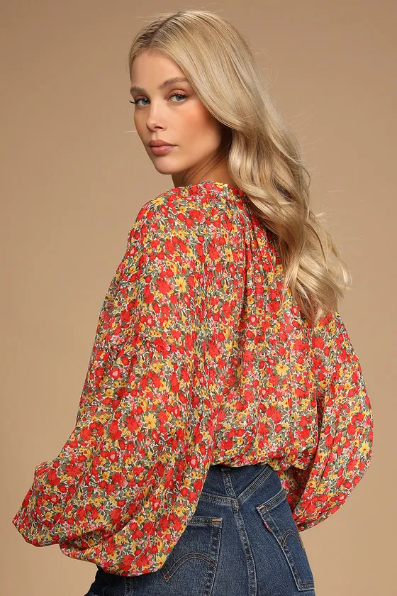 Season of Blooms Red Multi Floral Print Balloon Sleeve Top sold by Lulus product image thumbnail 4